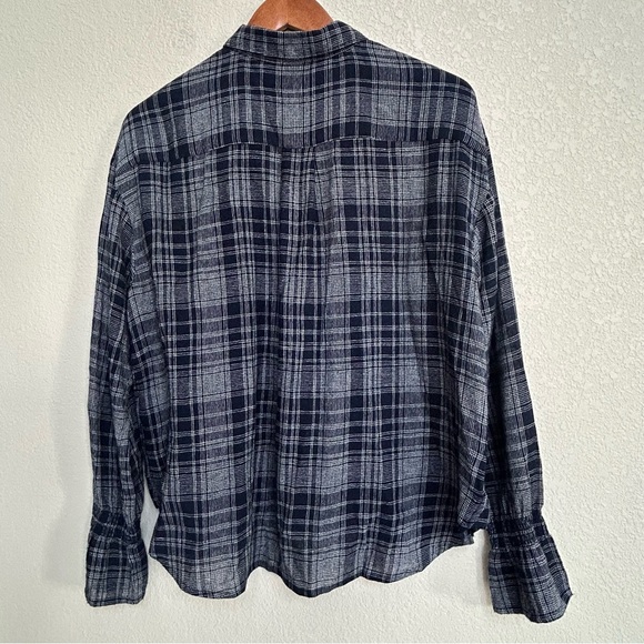 Madewell Women’s Large Plaid Button-Up Long Bell Sleeve Shirt Navy Wool Blend - Picture 4 of 7